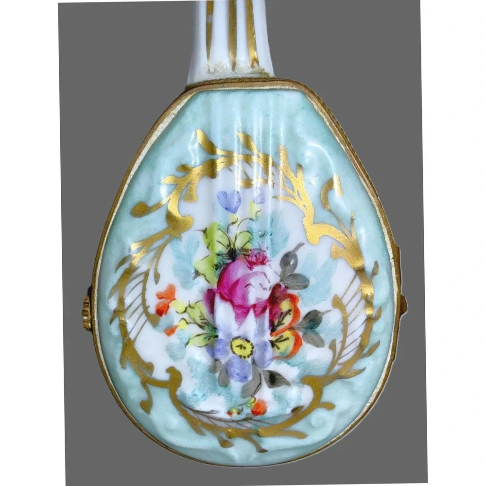 Antique Sevres Style Porcelain Mandolin Trinket Box Hand Paint Hinged Snuff Pill